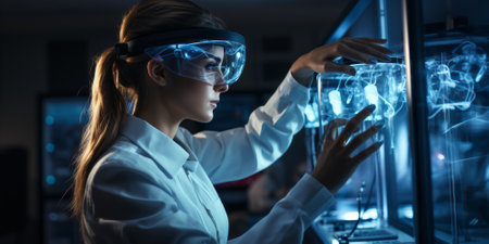 medical technology. Health care, Medicine doctor using virtual reality headset with robots to research and testing result of patients on virtual interface, VR, innovation and science to the futureの素材