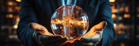 Businessman hold global business globe with network connected to digital marketing strategy and creative solution. Business development technology to support creativity idea of teamwork and investmentの素材