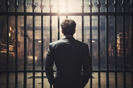 The businessman got out of prison with his things and is thinking about what to do next. A man stands near the exit from the prison.の素材