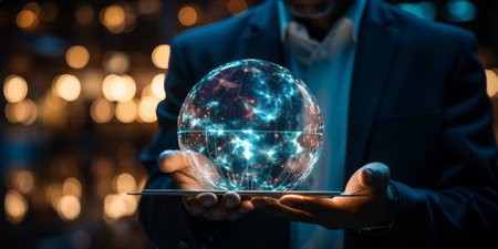 Man hold earth energy at night on tablet depicting the issue and reduce CO2 emissions carbon. Global warming and climate change. Energy saving, sustainable development. earth dayの素材