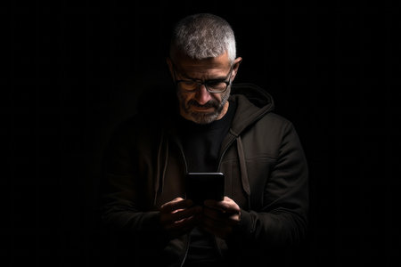 man with phone on black backgroundの素材