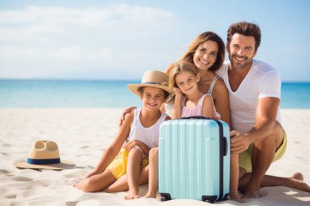 Mother and father with their children sitting on the beach with suitcasesの素材