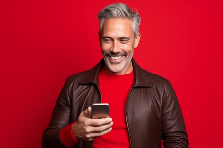 attractive mature man with phone on red backgroundの素材