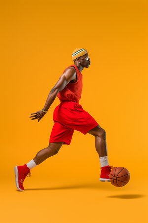 Full length portrait of black man in red shirt, black cap and gray shorts playing basketball. Studio, yellow backgroundの素材