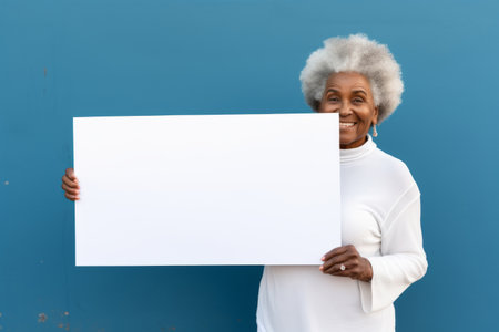 Happy old black woman holding blank white banner sign, isolated studio portraitの素材