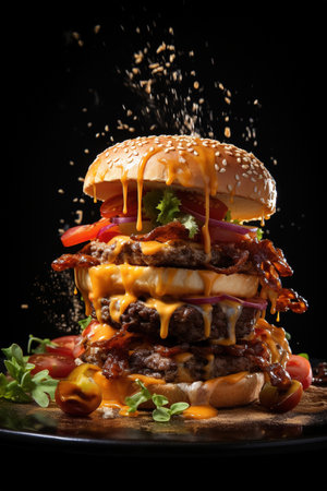 Large flying burger filled with beef and cheese on a black background photo, in the style of playful surrealism, levitationの素材