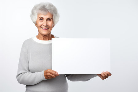 Happy mature senior woman holding blank white banner sign, isolated studio portraitの素材