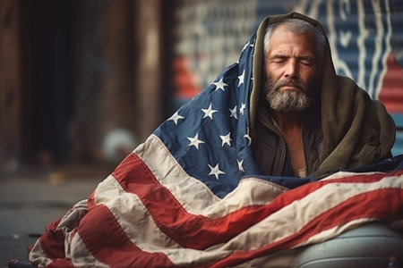 Homeless man sleeps on the pavement in the USA, hiding behind the American flagの素材