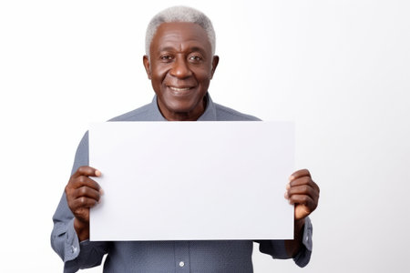 Happy mature senior black man holding blank white banner sign, isolated studio portraitの素材