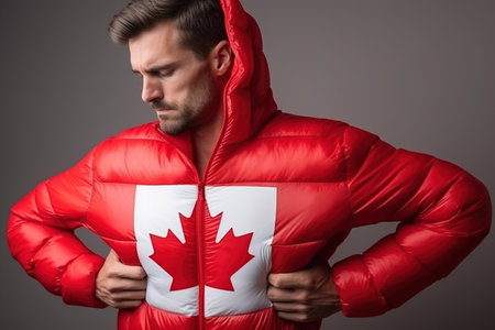 Man stretching jacket to reveal shirt with Canada flag printedの素材