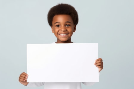 Happy black scholl boy holding blank white banner sign, isolated studio portraitの素材