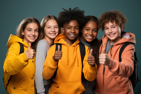 Portrait of teenagers showing thumb-up on color backgroundの素材