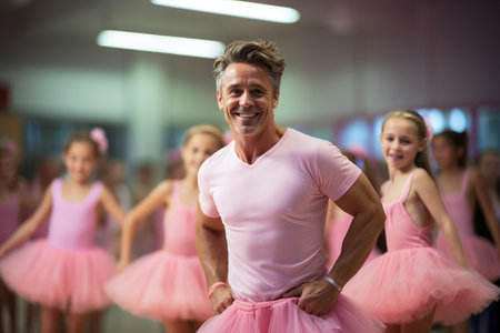 Man wearing pink tutu skirt and having fun ballet class with girls on the background ballet classの素材