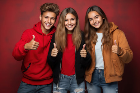 Portrait of teenagers showing thumb-up on color backgroundの素材