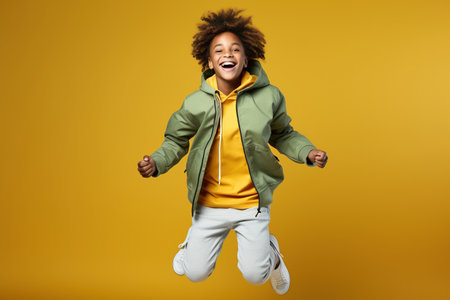 Portrait of jumping African-American teenage boy on yellow backgroundの素材