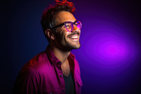 man with glasses and purple dress on purple background smiling, in the style of neon and fluorescent light, photorealistic pasticheの素材