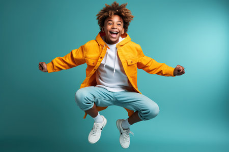 Portrait of jumping African-American teenage boy on color green backgroundの素材