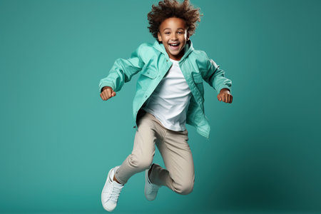 Portrait of jumping African-American teenage boy on color green backgroundの素材
