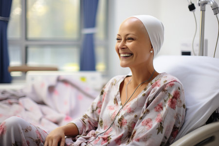 Bald mature woman smiling in cancer hospital bedの素材