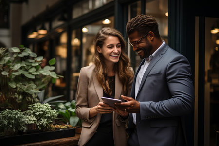 Business people, man and woman having coffee talking and looking at tabletの素材