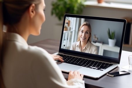Woman having discussion or web conference chat. Work or study from home, freelance, online video conferencing, e-learning, web chat meeting, distance education, teaching online conceptの素材