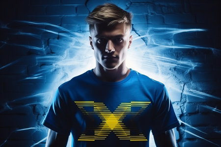 A man wearing a tee shirt with a Ukraine flag on itの素材