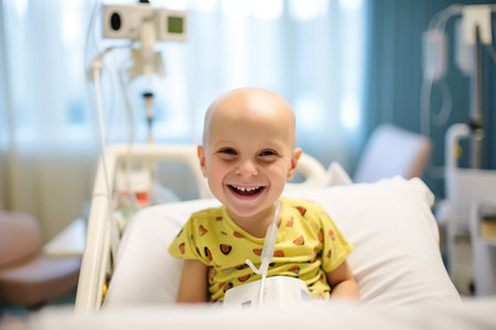 Bald boy smiling in cancer hospital bedの素材