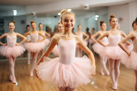 Boy wearing pink tutu skirt and having fun ballet class with girls on the background ballet classの素材