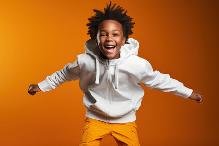 Portrait of jumping African-American teenage boy on color backgroundの素材