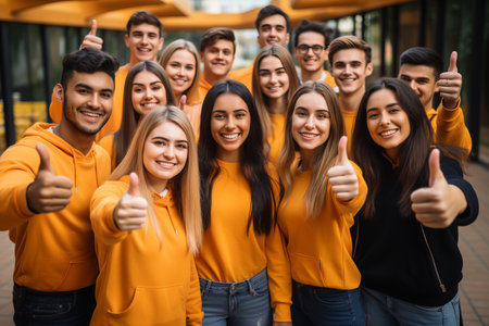 education concept. Happy team of students showing thumbs up over on color backgroundの素材