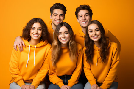 education concept. Happy team of students on yellow background.の素材