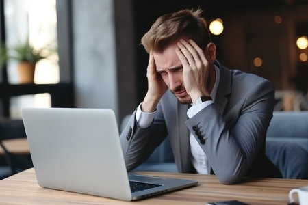 Stressed business man sitting at office workplace. Tired and overworked student man. Young exhausted men in stress working on laptop computerの素材
