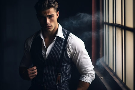 scene of a brutal young detective standing by the window with a thoughtful expression on his face and smoking a cigarette, he is wearing a striped shirt, classic pants with suspendersの素材