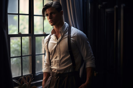 scene of a brutal young detective standing by the window with a thoughtful expression on his face and smoking a cigarette, he is wearing a striped shirt, classic pants with suspendersの素材