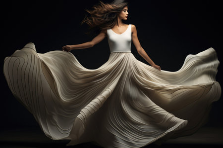 Woman in gray waving dress with flying fabric on dark studio background.の素材