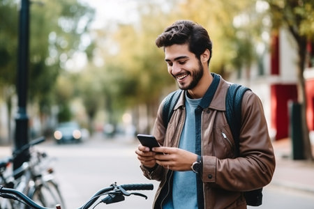 Young handsome man walking with bike and smartphone in a city, Smiling student men with bicycle smiling and holding mobile phone, Modern lifestyle, connection, travel, casual business conceptの素材