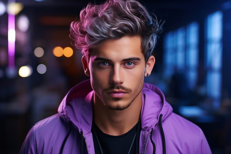 Young woman beauty face wear stylish eyewear glasses look at camera in neon light purple blue background.の素材