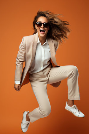 Young handsome funny woman with glasses, wearing light gray suit and sneakers, jumping with the skateboard on color studio backgroundの素材