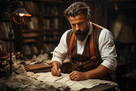 Handsome serious tailor with beard in white shirt with brown leather suspenders working near wooden table with threads, apron and scissors in amazing atelier with antique furnitureの素材