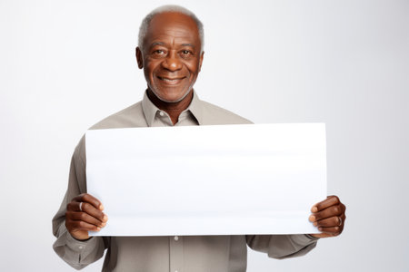 Happy mature senior black man holding blank white banner sign, isolated studio portraitの素材