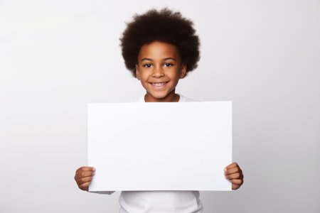 Happy black scholl boy holding blank white banner sign, isolated studio portraitの素材