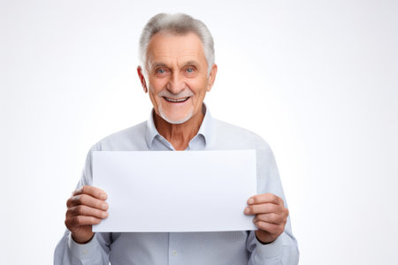 Happy mature senior man holding blank white banner sign, isolated studio portraitの素材