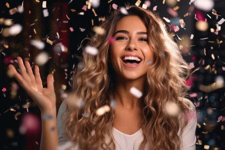 Happy woman at celebration party with confetti falling everywhere on her, Birthday or New Year eve celebrating conceptの素材