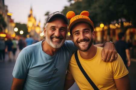Father and son smiling at the cameraの素材