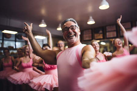 Man wearing pink tutu skirt and having fun ballet class with girls on the background ballet classの素材