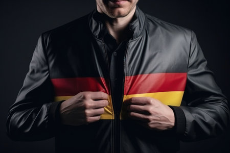 Man stretching jacket to reveal shirt with Germany flagの素材