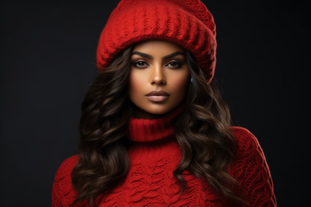 Portrait of beautiful sexy black female model wearing red sweater and jacket in studio with dark backgroundの素材