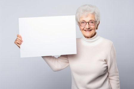 Happy old woman holding blank white banner sign, isolated studio portraitの素材