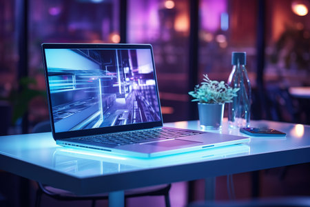 laptop in dark room with neon lightingの素材