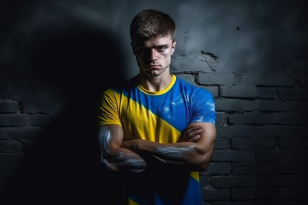 A man wearing a tee shirt with a Ukraine flag on itの素材